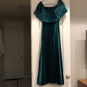 NEW. Off shoulder green pleated maxi dress.